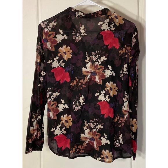 Loft Black Floral Long Sleeve Lightweight Collared Button Front Blouse Petite L - Picture 3 of 6